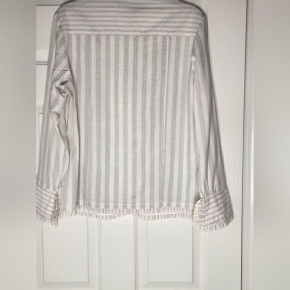 NWT Blast M Striped CreamSagePocketsRuffle LSlv ButtonUp LINEN Blend Women Shirt - Picture 6 of 8
